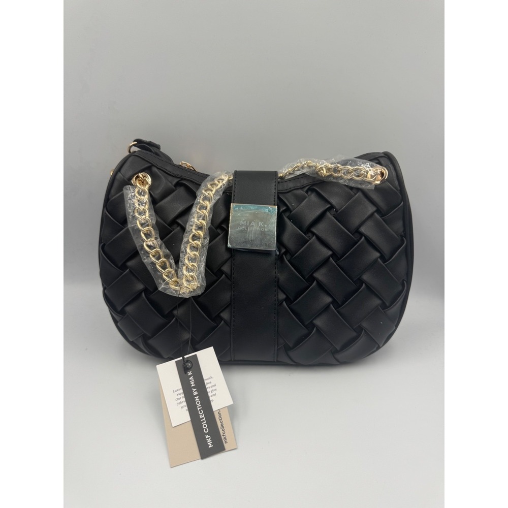 NWT MKF Collection Solari Braided Chain Shoulder Bag Women's Black Vegan Leather